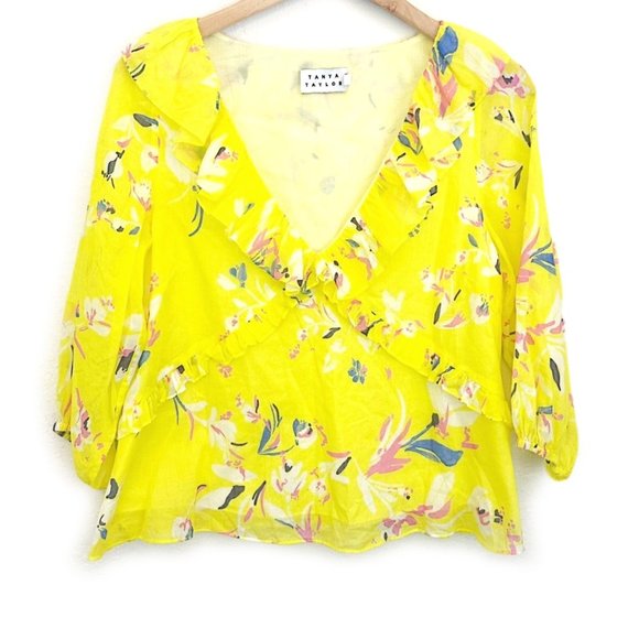 Tanya Taylor Lourdes Floral Cotton Blouse Yellow Ruffle V Neck Balloon Sleeve 4 - Picture 3 of 14